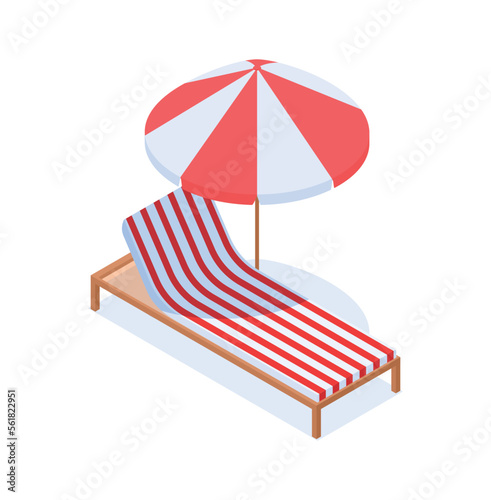 Beach chair with umbrella. Striped cot with for sea and ocean vacation under sun with comfortable travel and leisure vector relax