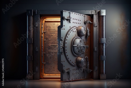 Safe deposit box, bank vault door with electronic lock open and closed Generative AI