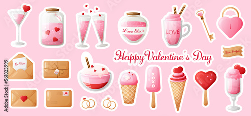 Set of stickers for valentine's day. collection of cartoon sweets, envelopes, drinks.