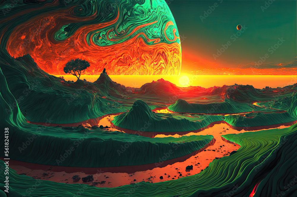 sunset in the mountains, fantasy planet. Generative AI picture.