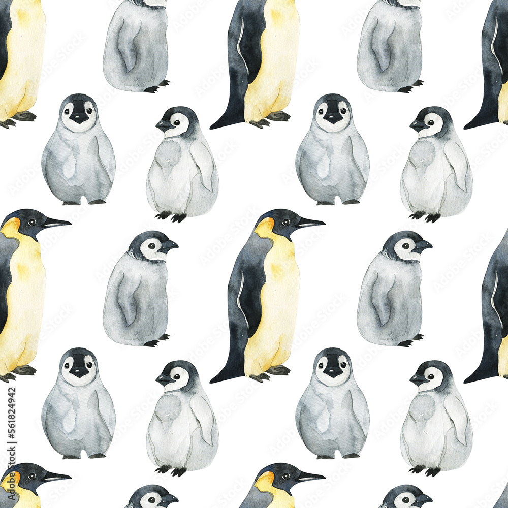 Obraz premium penguin pattern watercolor. watercolor cute penguin pattern. Watercolor cute animal. Watercolor cute bird. Hand painting isolated white background. birds. 
