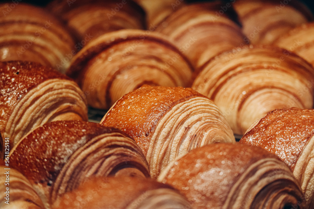 Close-up of fresh and beautiful pain au chocolats in a bakery showcase.