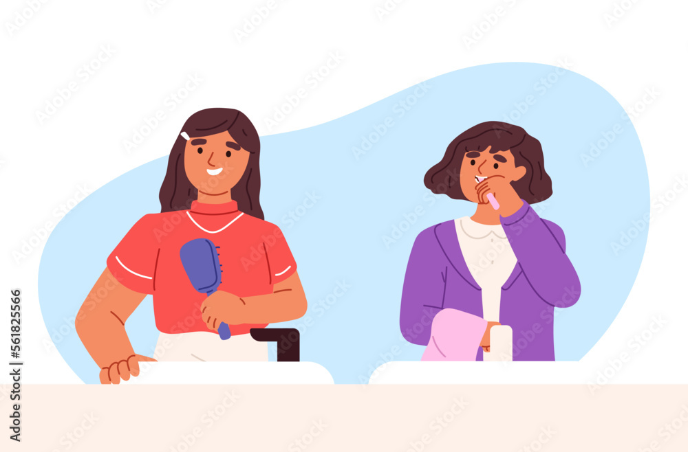 Small girl kids brushing hair and teeth in bathroom in morning. Cute children doing everyday routine Small girl kids brushing hair and teeth in bathroom in morning. Cute children doing everyday routine