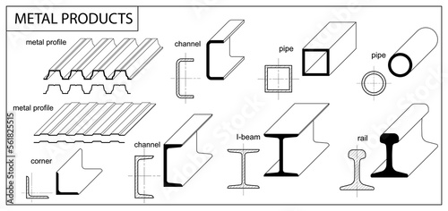 Metal rolled products profiles and isometric view. Steel beam, pipe, rail, girder, construction barss, corner, square, round tube. Aluminum elements for metalwork. CAD Set for metallurgy industry