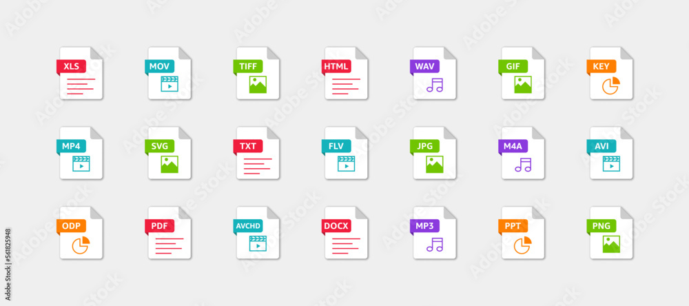 File types icon set. xls, mov, tiff, html, wav, gif, key, mp4, svg, txt,  flv, jpg, m4a, avi, odp, pdf, avchd, docx, mp3, ppt, png. Vector EPS 10  Stock Vector | Adobe Stock