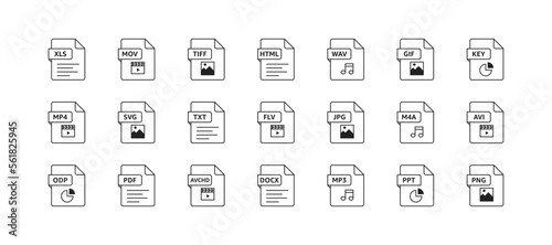 File types icon set. xls, mov, tiff, html, wav, gif, key, mp4, svg, txt, flv, jpg, m4a, avi, odp, pdf, avchd, docx, mp3, ppt, png. Vector EPS 10