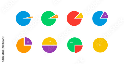 Angle degree grade icon in circle. 15, 30, 45, 60, 90, 180, 270, 360 degree. Vector EPS 10
