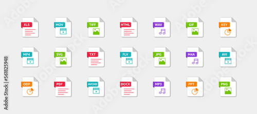 File types icon set. xls, mov, tiff, html, wav, gif, key, mp4, svg, txt, flv, jpg, m4a, avi, odp, pdf, avchd, docx, mp3, ppt, png. Vector EPS 10