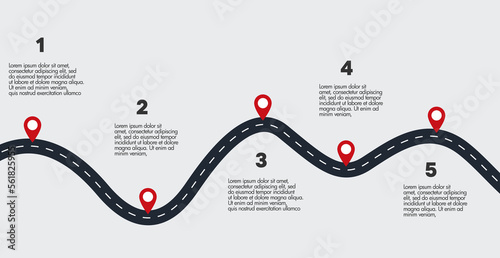 Vector infographic illustration with road and pin pointers. Infographic template with 5 steps