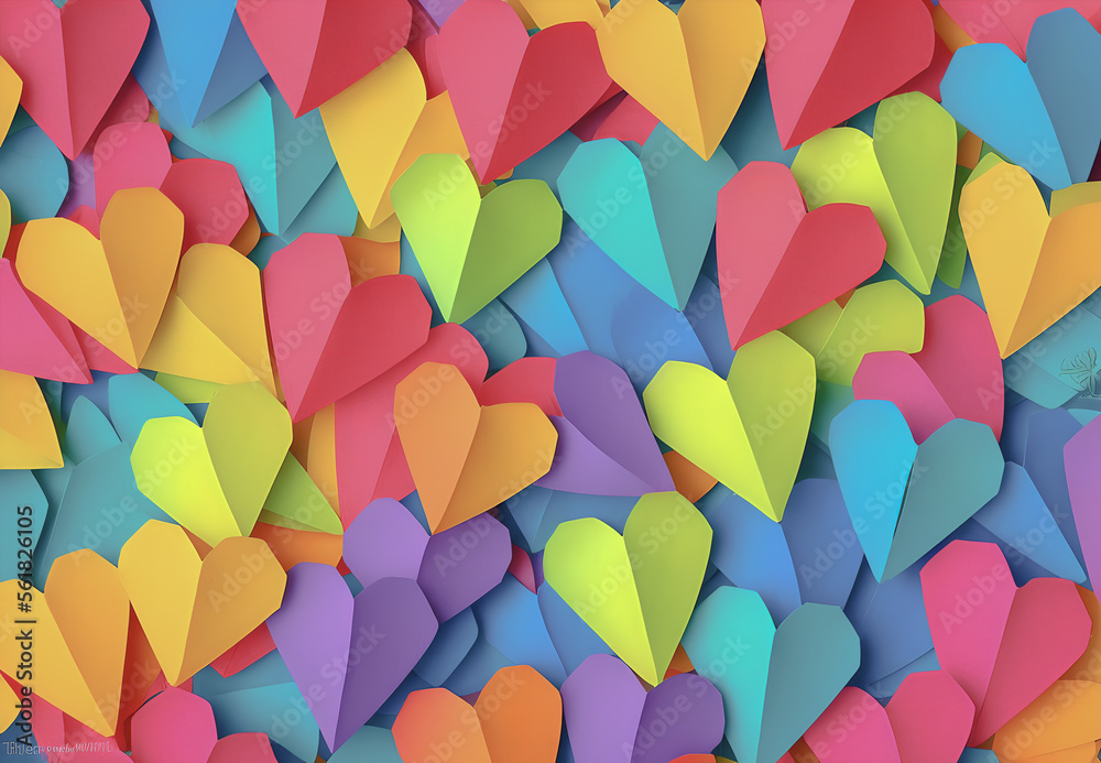 Colorful rainbow pastel origami hearts 