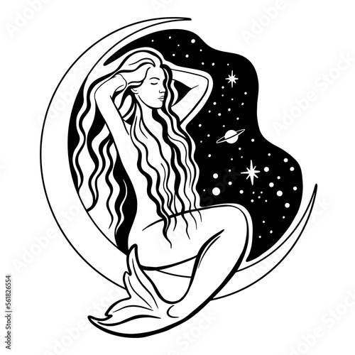 Mermaid sitting on the moon. Celestial Gir Mysterious portrait lady with moon in her hair. Vector hand drawn illustration in boho style, black and white line art