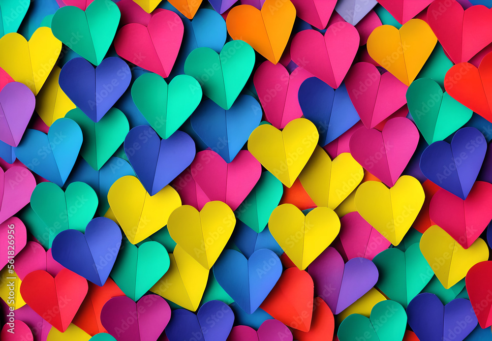 Illustration of colorful bright rainbow origami hearts Generative AI