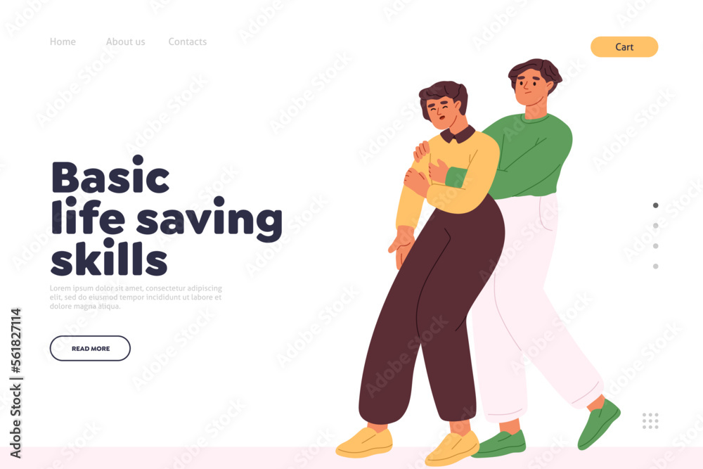 Basic life saving skills concept of landing page with woman giving help to choking man Basic life saving skills concept of landing page with woman giving help to choking man