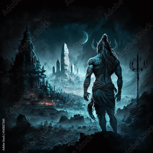 Lord shiva or warrior watching the city or guarding the city from far away during night