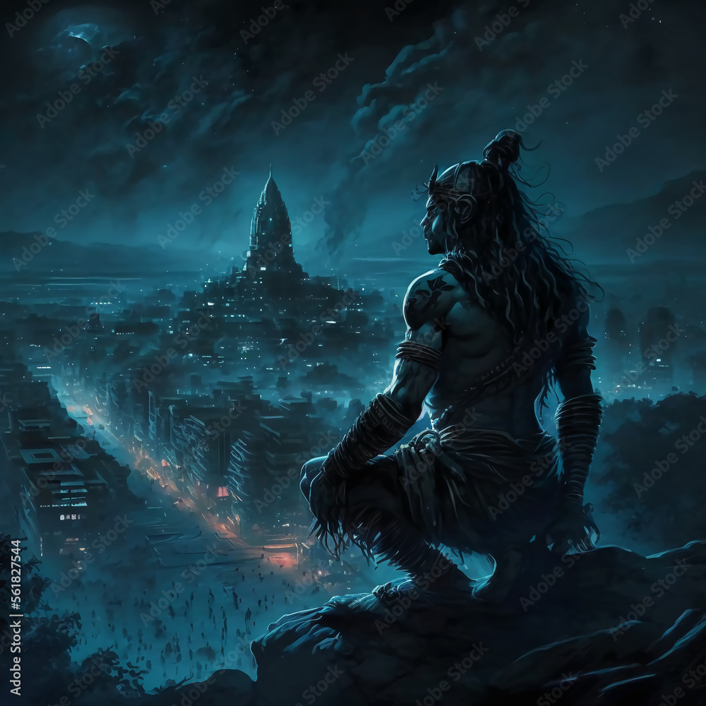 dark, night, black, person, shiva, lord shiva, moon, city, landscape