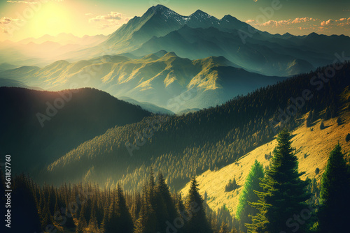 Slovakian Carpathian mountain and forest panorama in the sun. Generative AI photo
