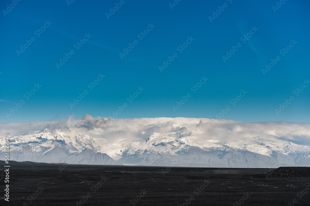 Iceland Landscape with Mountain in Background and Blue Sky