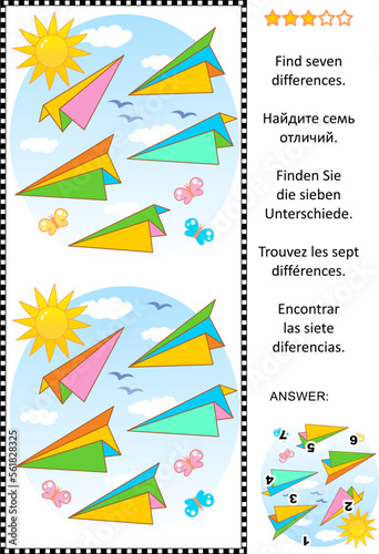 Difference game with colorful paper planes flying in the air. Answer included.
