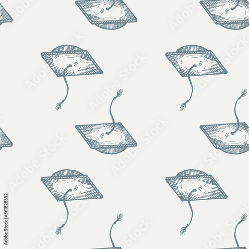 Graduate hat engraved seamless pattern. Vintage element education in hand drawn style. Sketch texture for fabric, wallpaper, textile, print, title, wrapping paper. Vector illustration.