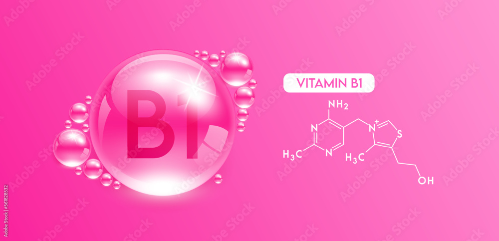 Drop water vitamin B1 pink with chemical structure. Vitamins complex collagen serum. Beauty treatment skincare. Medical and scientific concepts. 3D Realistic Vector EPS10. Drop water vitamin B1 pink with chemical structure. Vitamins complex collagen serum. Beauty treatment skincare. Medical and scientific concepts. 3D Realistic Vector EPS10.