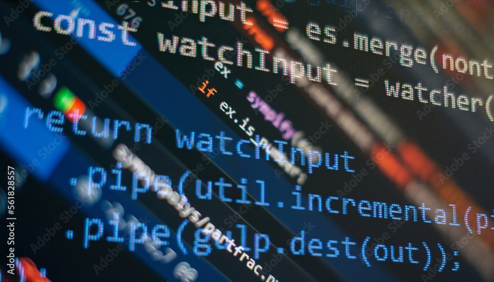 Obraz premium Abstract computer script about big data and blockchain database. Software developer programming code. Mining Cryptocurrency process program on display PC. Using Software.