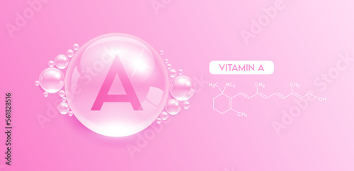 Drop water vitamin A pink with chemical structure. Vitamins complex collagen serum. Beauty treatment skincare. Medical and scientific concepts. 3D Realistic Vector EPS10.