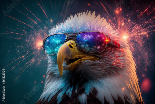eagle wearing sunglasses surrounded by fireworks made by generative ai