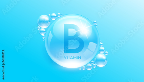 Drop water vitamin B blue. Vitamins complex collagen serum. Beauty treatment skincare. Medical and scientific concepts. 3D Realistic Vector EPS10.