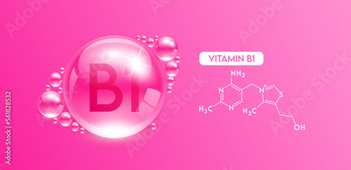 Drop water vitamin B1 pink with chemical structure. Vitamins complex collagen serum. Beauty treatment skincare. Medical and scientific concepts. 3D Realistic Vector EPS10.