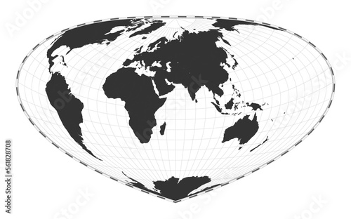 Vector world map in Bottomley projection. Plain geographical map with latitude and longitude lines, centered at 60 degrees west longitude. Vector illustration.