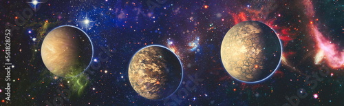 Fototapeta Naklejka Na Ścianę i Meble -  Planets, stars and galaxies. Panorama. Horizontal view for a glass panels .  Elements furnished by NASA