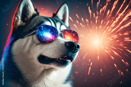 golden retriever wearing sunglasses surrounded by fireworks made by generative ai © Artificial Dream
