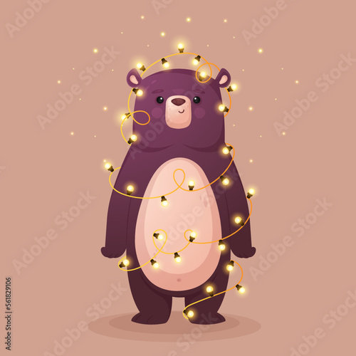 Cute bear with fireflies, funny teddy bear, vector illustration