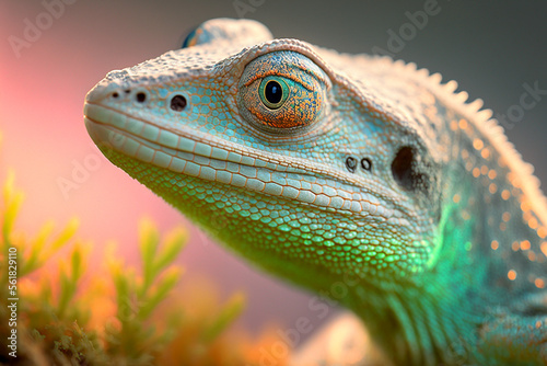macro shot of a green and yellow lizard made by generative ai