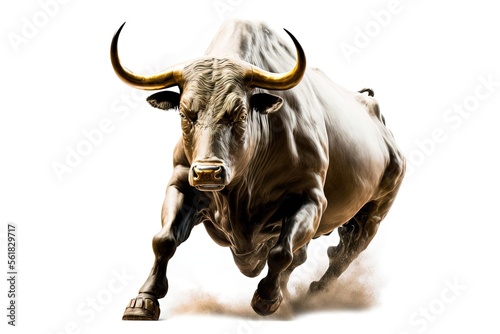 Charging Bull isolated on white background. Bull represents aggressive financial optimism and prosperity. photo