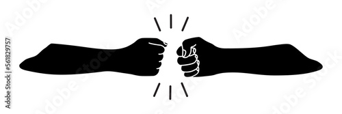 Fist bumping banner hand drawn black silhouette. Team work, cooperation, friends concept. Vector illustration isolated on white background