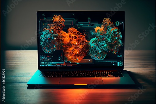 An abstract creative coding concept on a multi-exposure laptop background.. Generative AI