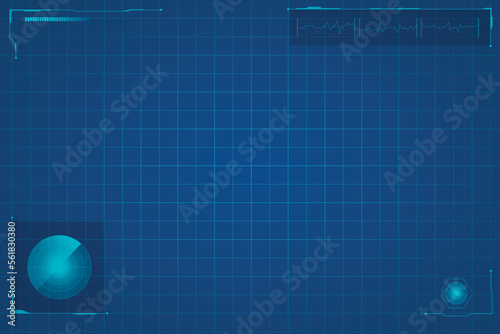 Blue mesh surface with radar. Digital terrain scanning and military search of objects with a global display vector interface