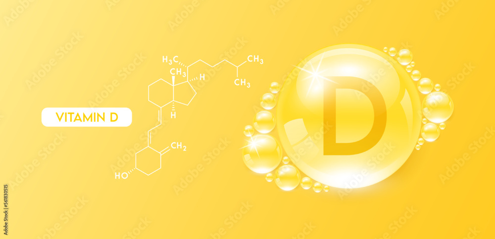 Drop water vitamin D yellow with chemical structure. Vitamins complex collagen serum. Beauty treatment skincare. Medical and scientific concepts. 3D Realistic Vector EPS10.