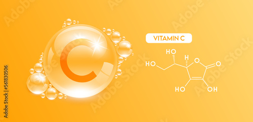 Drop water vitamin C orange with chemical structure. Vitamins complex collagen serum. Beauty treatment skincare. Medical and scientific concepts. 3D Realistic Vector EPS10.