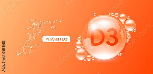 Drop water vitamin D3 orange with chemical structure. Vitamins complex collagen serum. Beauty treatment skincare. Medical and scientific concepts. 3D Realistic Vector EPS10.