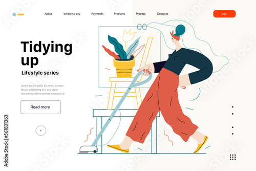 Lifestyle web template - Tidying up, housekeeping - modern flat vector illustration of a woman cleaning the floor with a vacuum cleaner. People activities concept
