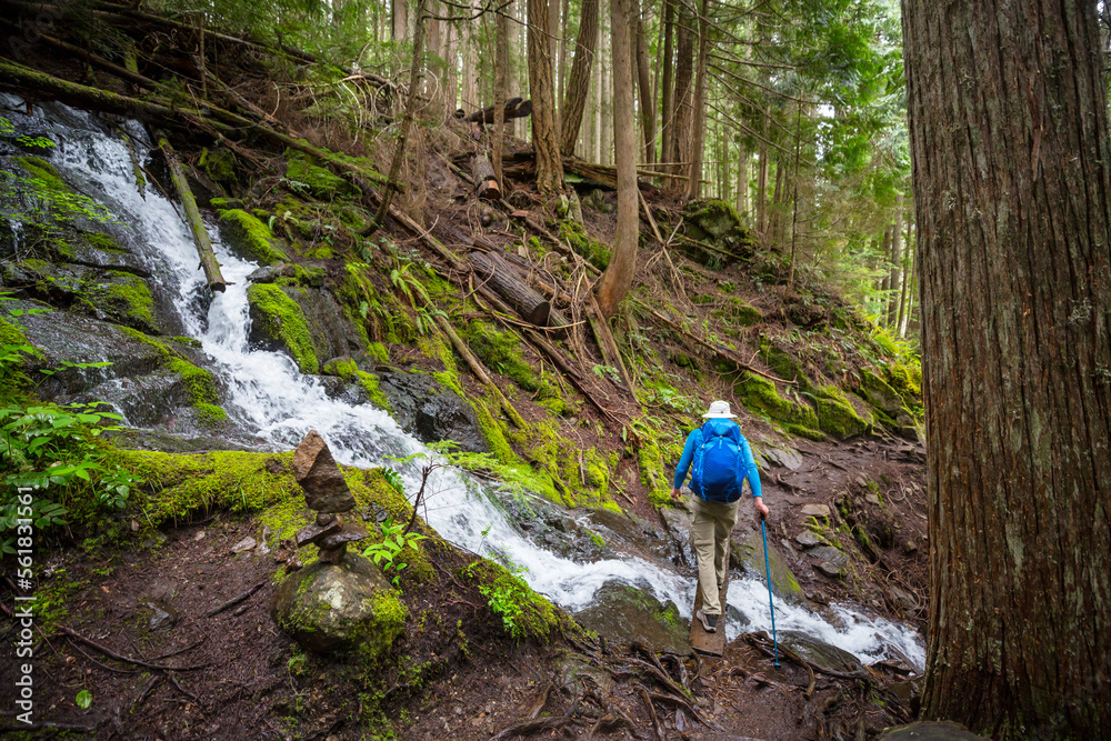 Hiker near waterfall