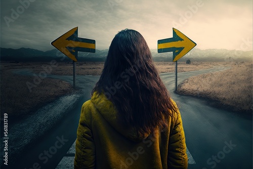 Created with Generative AI technology. woman in front of two roads thinking deciding hoping for best taking chance