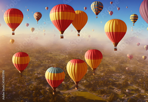 illustration of hot air balloons flying in the sky over realistic horizon Generative AI
