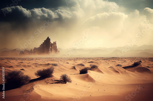 Desert landscape with ancient stone ruins in the distance. Stormy sky desert. Barren land.