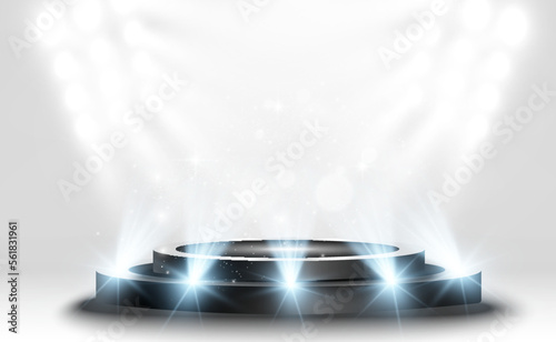 	
Podium, pedestal or platform, illuminated by spotlights in the background. Vector illustration. Bright light. Light from above. Advertising place