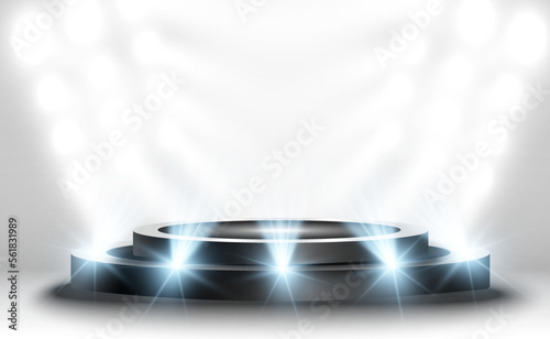 	
Podium, pedestal or platform, illuminated by spotlights in the background. Vector illustration. Bright light. Light from above. Advertising place