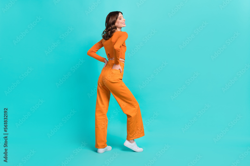 Full length profile side photo of pretty positive lady dressed fashionable clothes empty space isolated on cyan color background Full length profile side photo of pretty positive lady dressed fashionable clothes empty space isolated on cyan color background