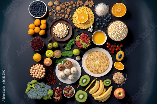 fiber rich products. diet friendly foods. a top view. Generative AI